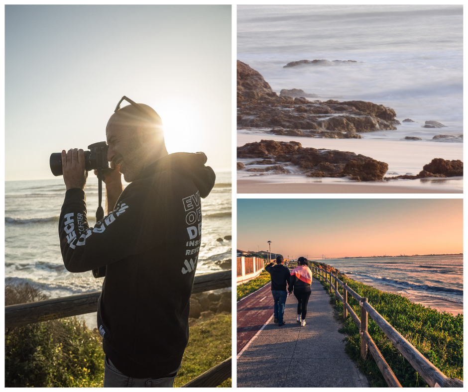 Collage con tres fotos de la excursión fotográfica de paisaje en la playa