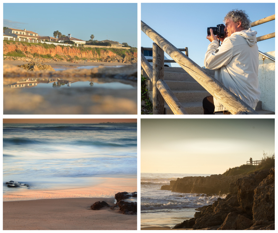 Collage con cuatro fotos de la práctica de fotografía en la playa