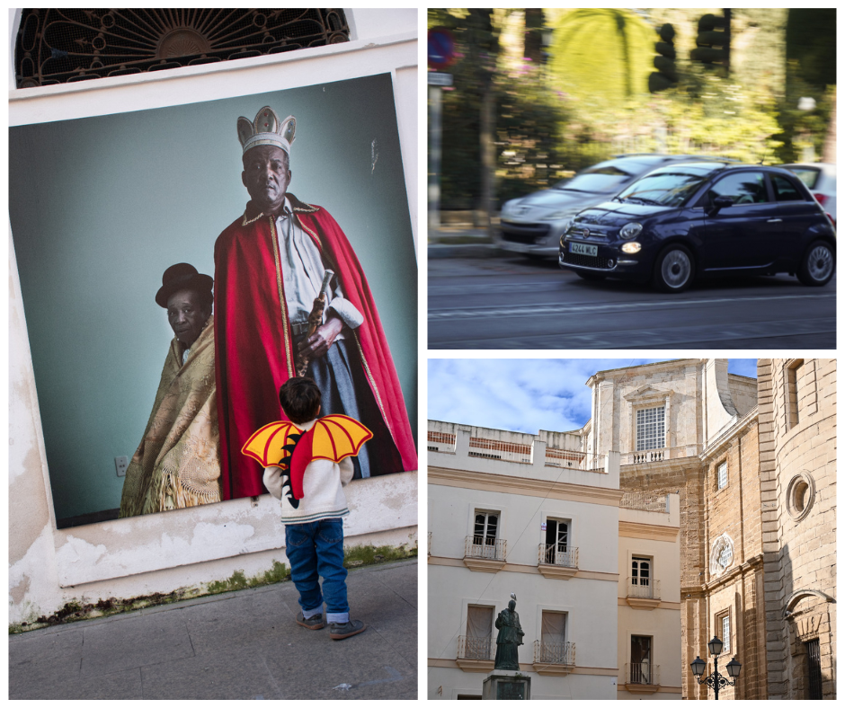 Collage con tres imágenes de fotografía urbana en Cádiz