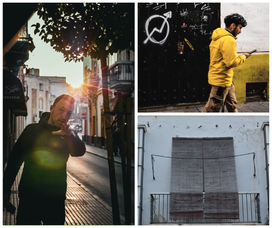 Collage con tres fotos hechas por los alumnos en una práctica de fotografía urbana en Cádiz